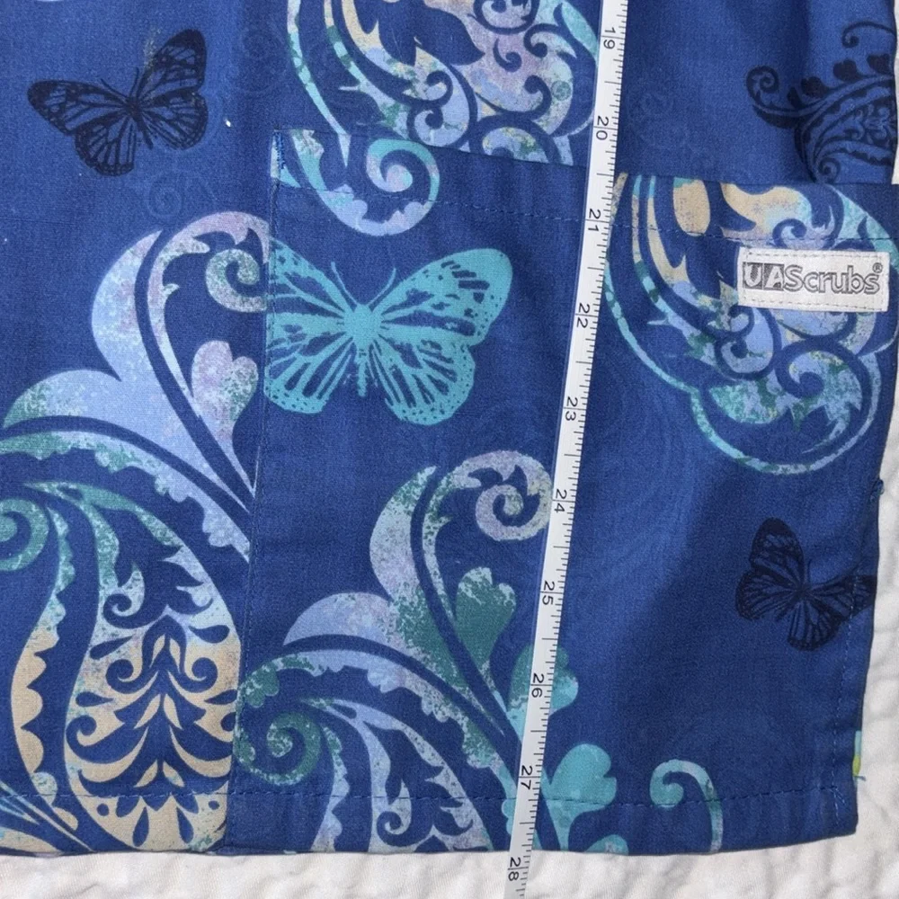 Scrub Tops Print Paisley Whimsy Floral Pattern Teal Royal Blue Brown Size Medium - Picture 13 of 14